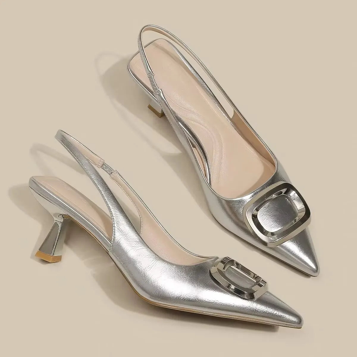VaultHaus elegant slingback shoes in metallic silver with a chic square buckle detail