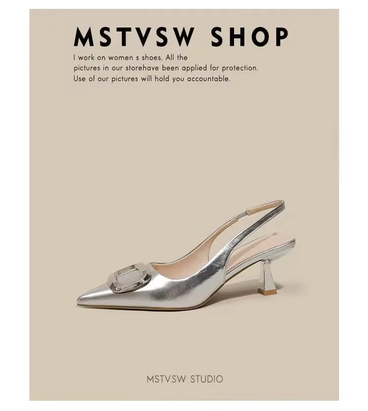 Silver elegant slingback shoes with pointed toe and decorative buckle detail