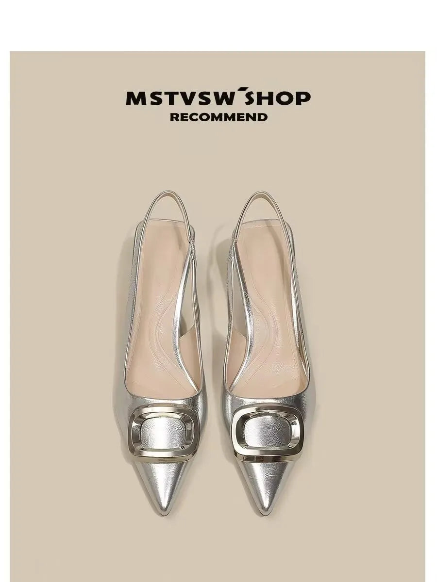Stylish VaultHaus elegant slingback shoes with pointed toes and decorative buckles in silver