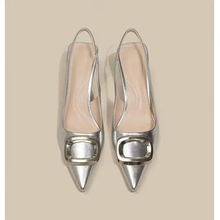 VaultHaus elegant slingback shoes in silver with pointed toes and stylish buckle design