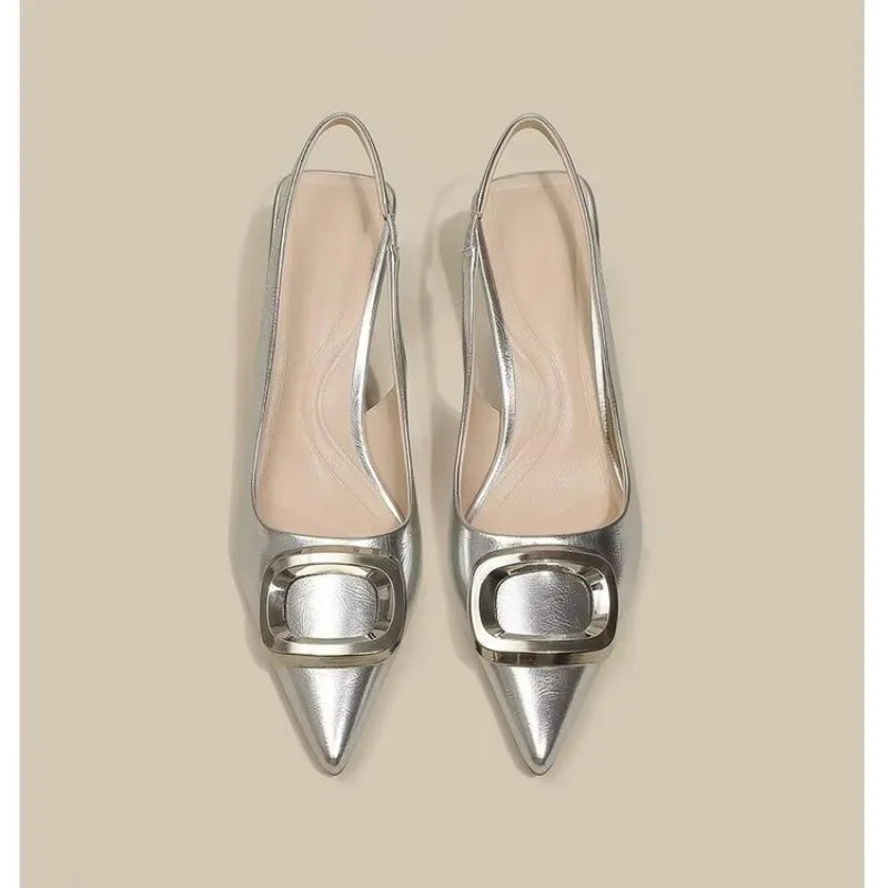 VaultHaus elegant slingback shoes in silver with pointed toes and chic gold accents