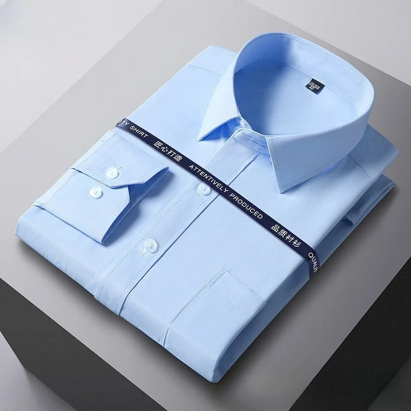 VaultHaus long sleeve anti-wrinkle office shirt in light blue, neatly folded with button details