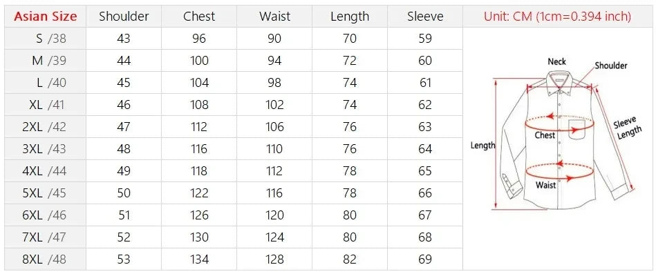 VaultHaus long sleeve anti-wrinkle office shirt size chart with measurements for a perfect fit