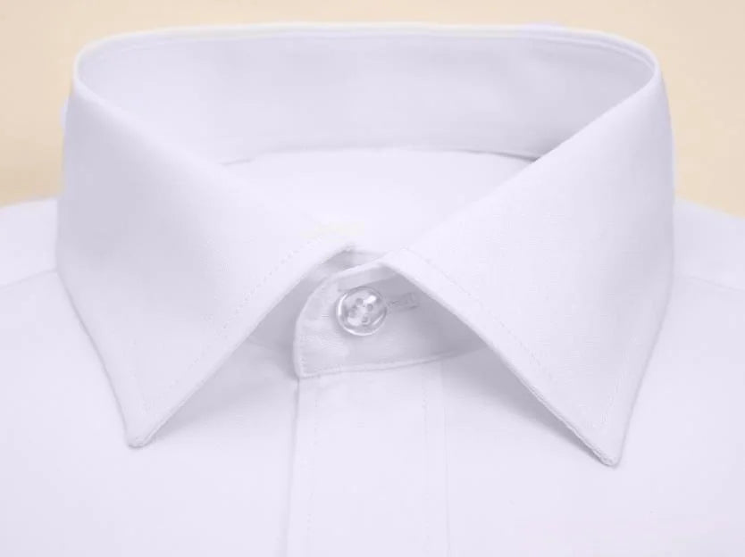 Close-up of a white long sleeve anti-wrinkle office shirt with a sleek collar design