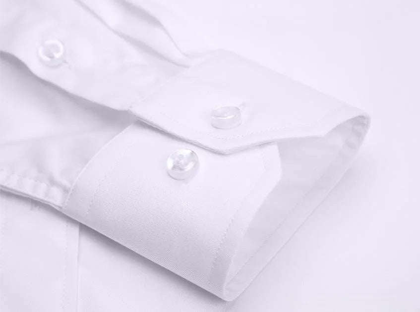 Close-up of a white long sleeve anti-wrinkle office shirt featuring polished buttons and a crisp collar