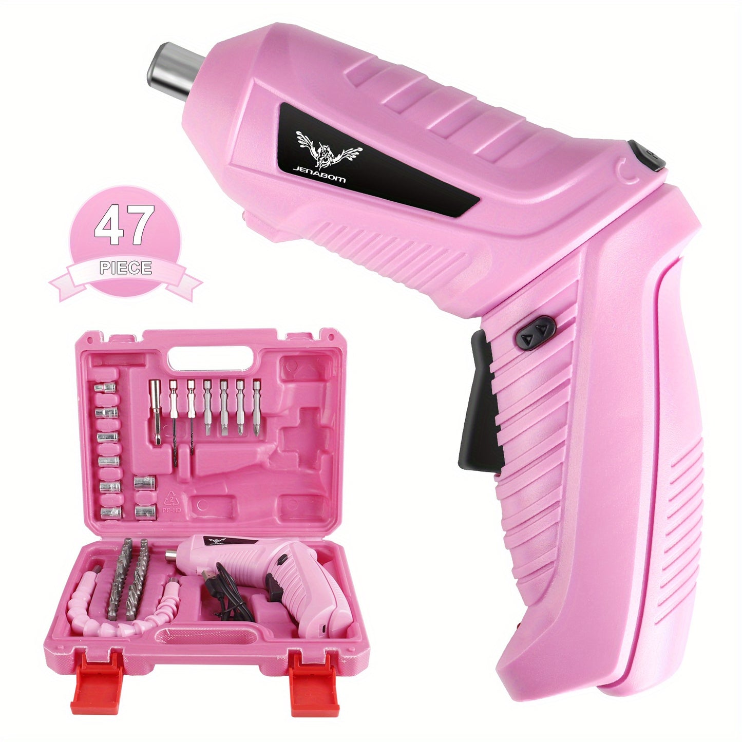 Pink electric screwdriver set with 47 pieces, including various bits and a carrying case for easy storage