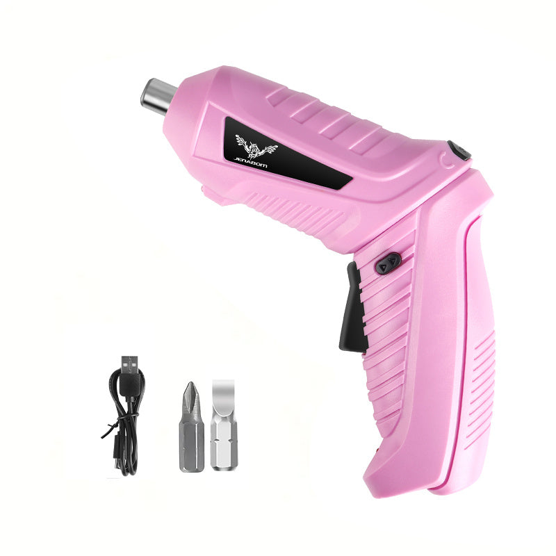 Pink electric screwdriver set with USB charging cable and interchangeable bits for versatile use