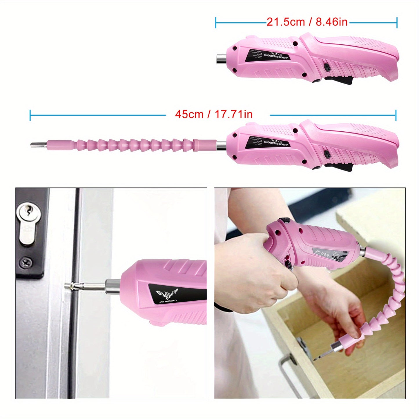 Pink electric screwdriver set with flexible shaft for easy use in tight spaces