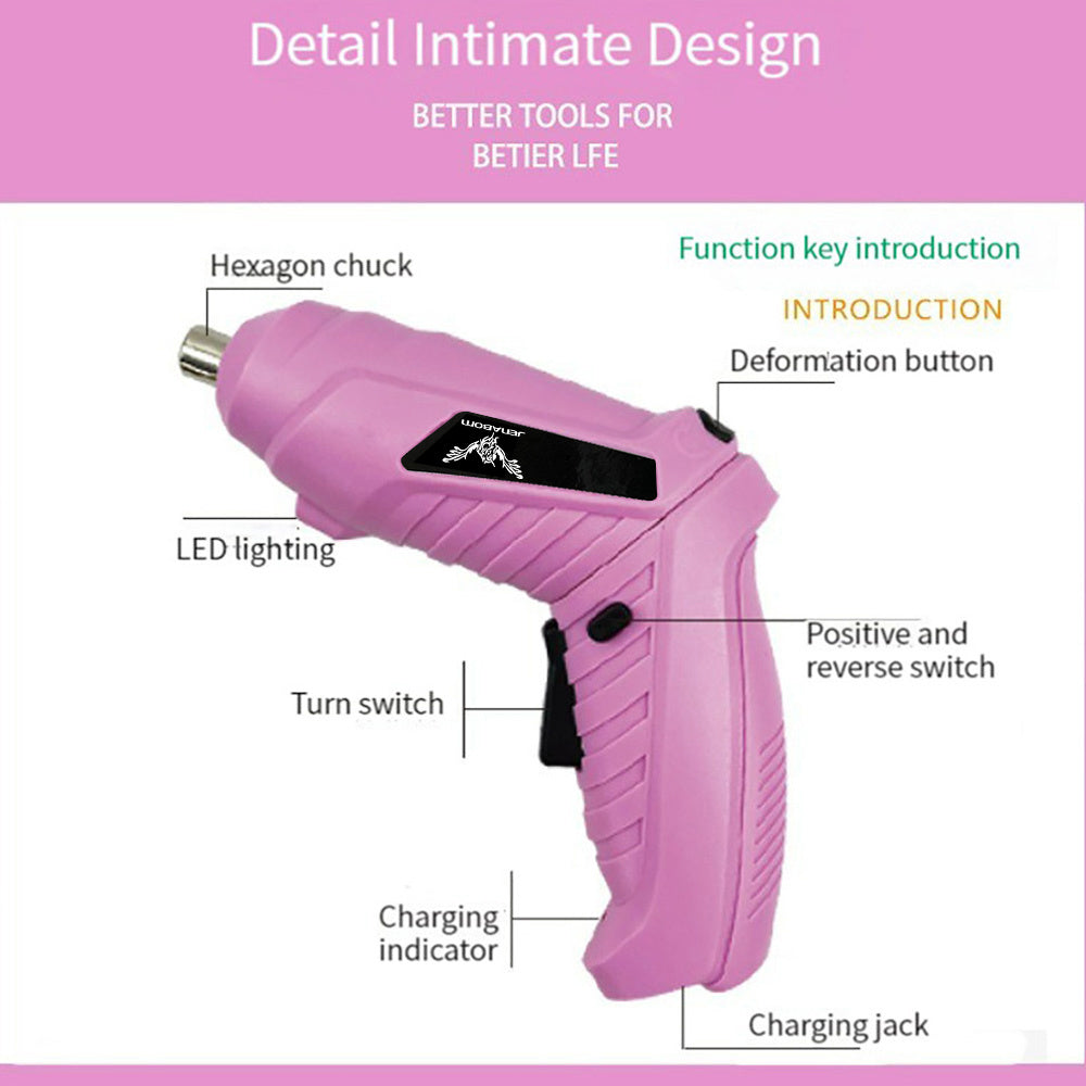 Pink electric screwdriver set with LED lighting and adjustable settings for efficient use