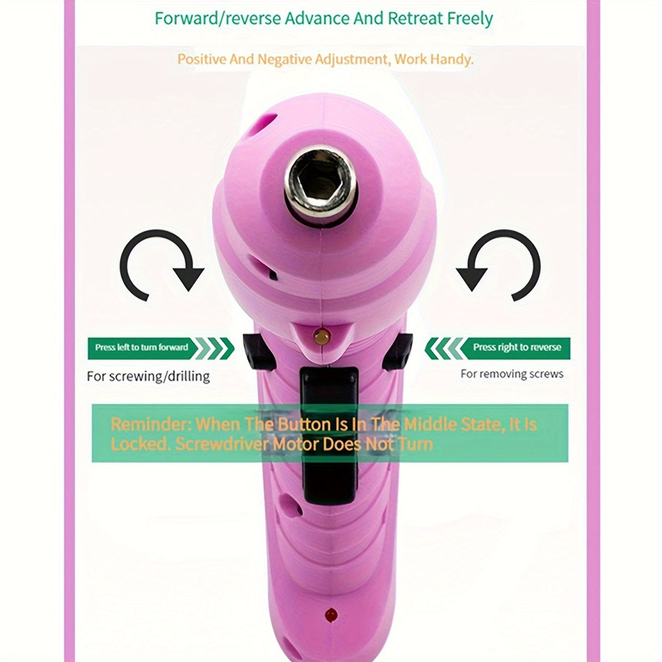 Pink electric screwdriver set featuring forward/reverse functions and adjustable settings for easy use