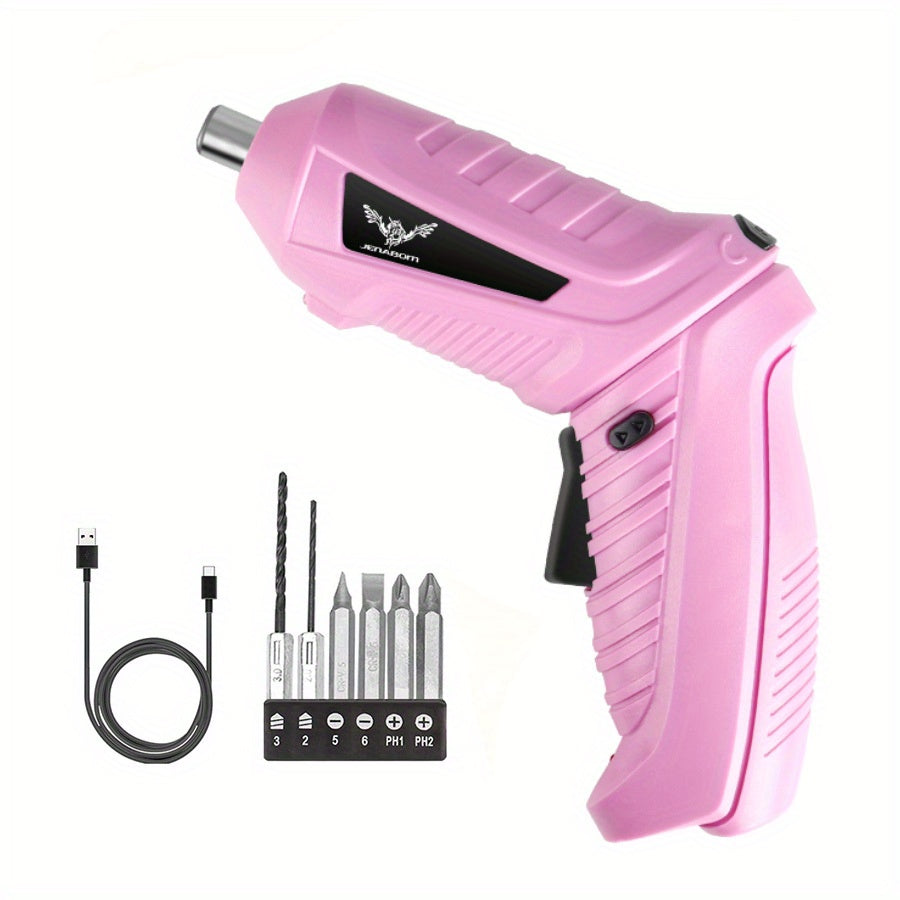 VaultHaus pink electric screwdriver set with multiple bits and USB charging cable for easy use