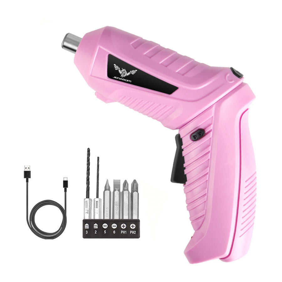 Pink electric screwdriver set with various bits and a USB charging cable for versatile use