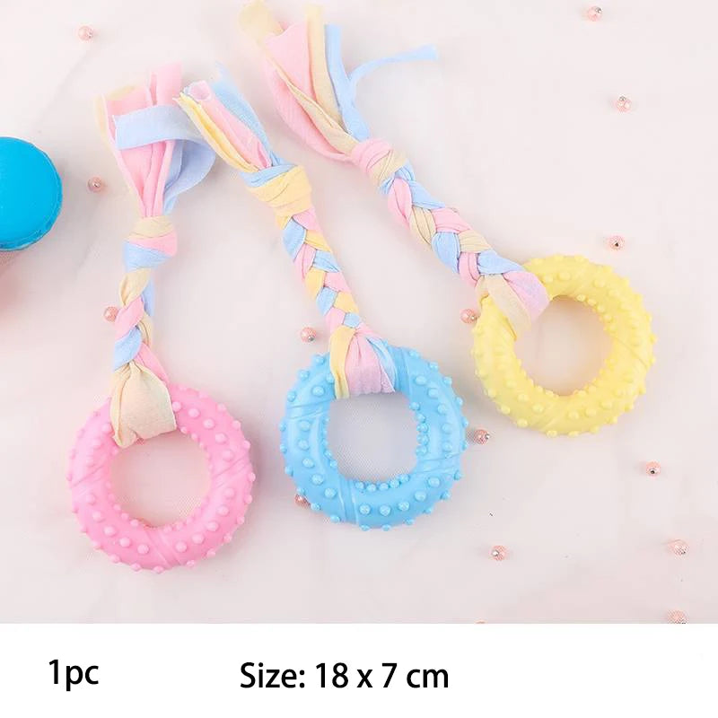 Colorful small dog chew toys made of durable rubber with braided strands for fun playtime