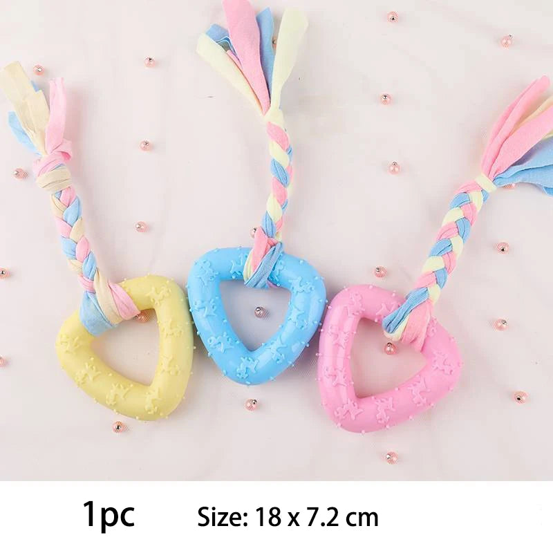 Colorful small dog chew toys in heart shapes, ideal for playful pups to chew and enjoy