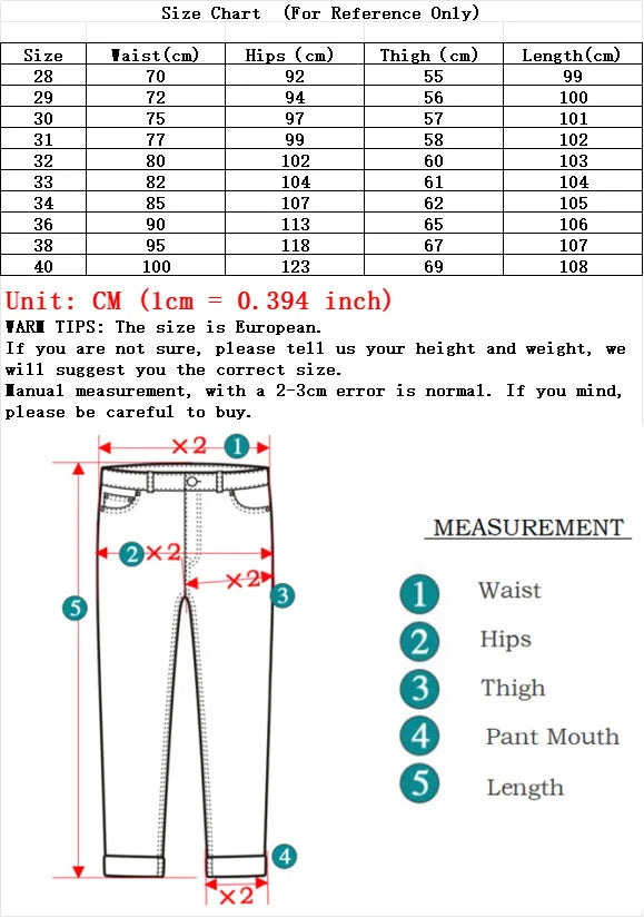 Size chart for VaultHaus spring autumn men's jeans with measurements for waist, hips, thigh, and length