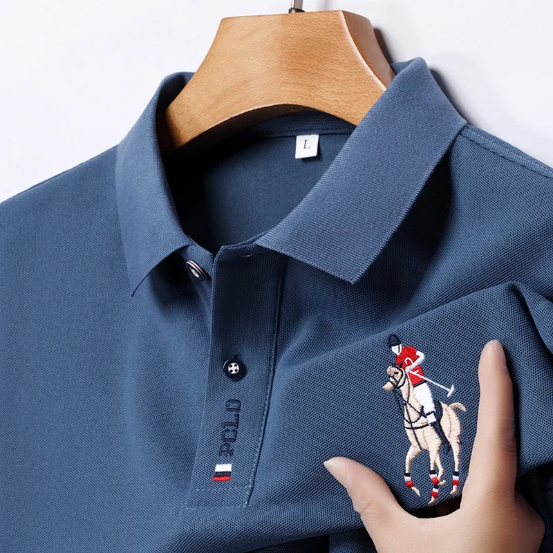 Stylish men's embroidered polo in blue with a horse logo on the chest for a refined casual look