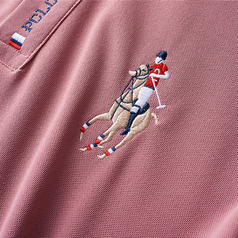 VaultHaus stylish men's embroidered polo in pink with a horse polo player design