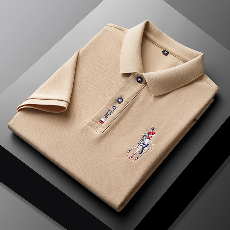 VaultHaus stylish men's embroidered polo in beige with elegant logo detail for a sophisticated look