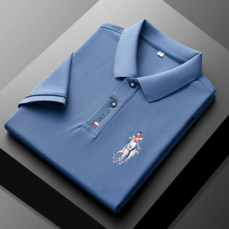 Stylish men's embroidered polo in light blue with a horse design on the chest