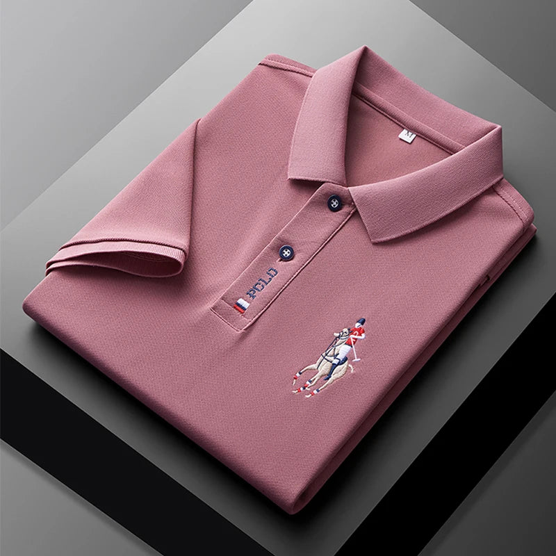 Stylish men's embroidered polo in dusty rose color with folded design and detailed logo