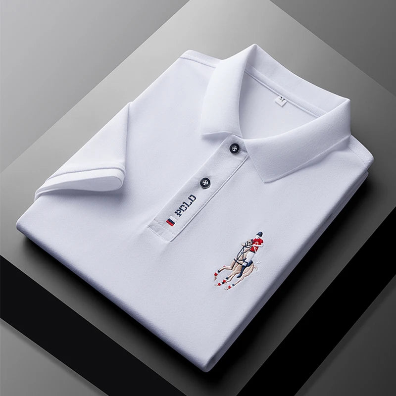 Stylish men's embroidered polo in white with logo and classic collar design folded neatly