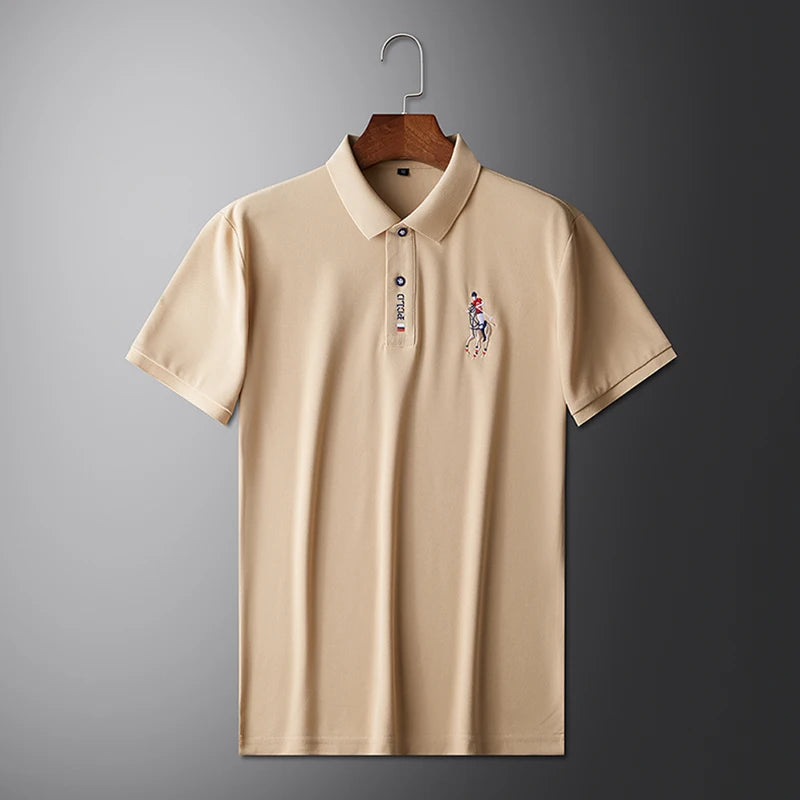 Beige stylish men's embroidered polo with detailed logo on the chest, perfect for casual outings
