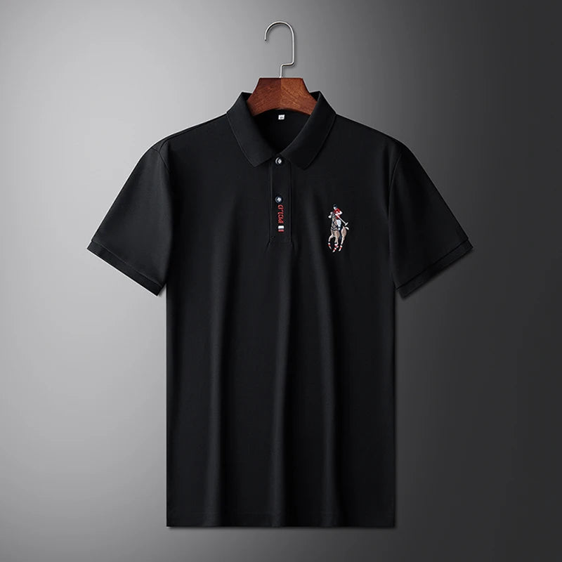 Stylish men's embroidered polo in black with a classic collar and detailed horse emblem
