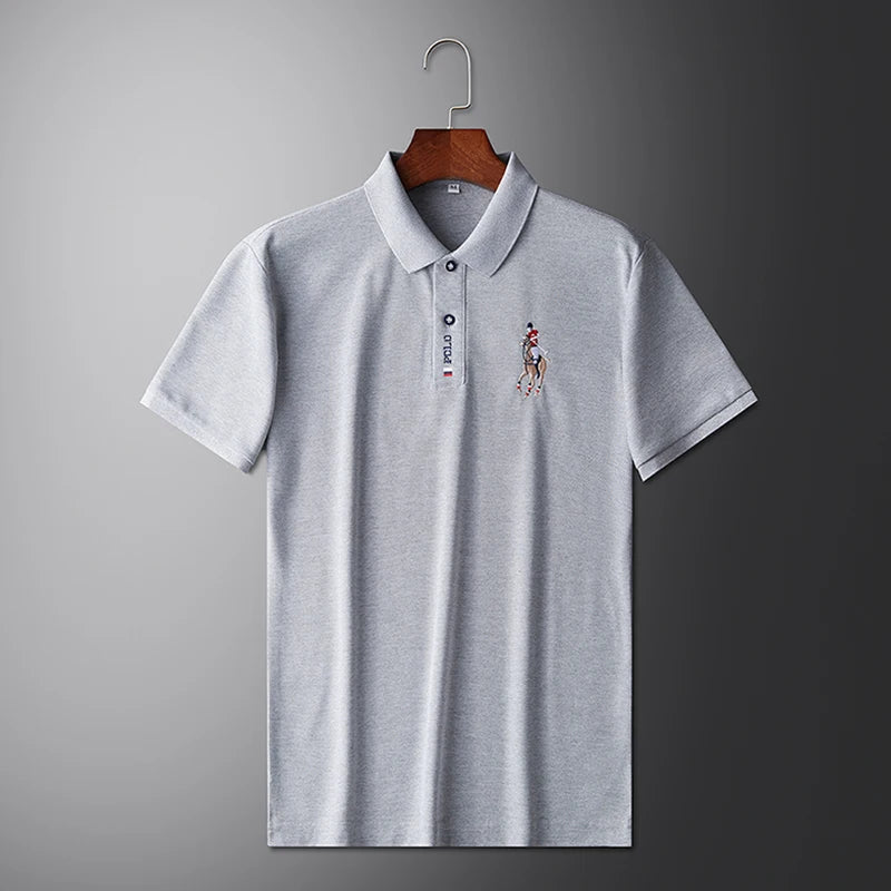 VaultHaus stylish men's embroidered polo in light gray with detailed logo design on chest