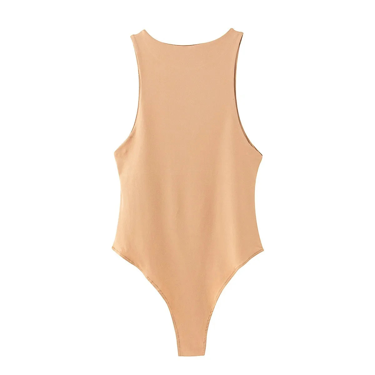 Back view of a nude summer slim bodysuit designed for comfort and style during warm weather