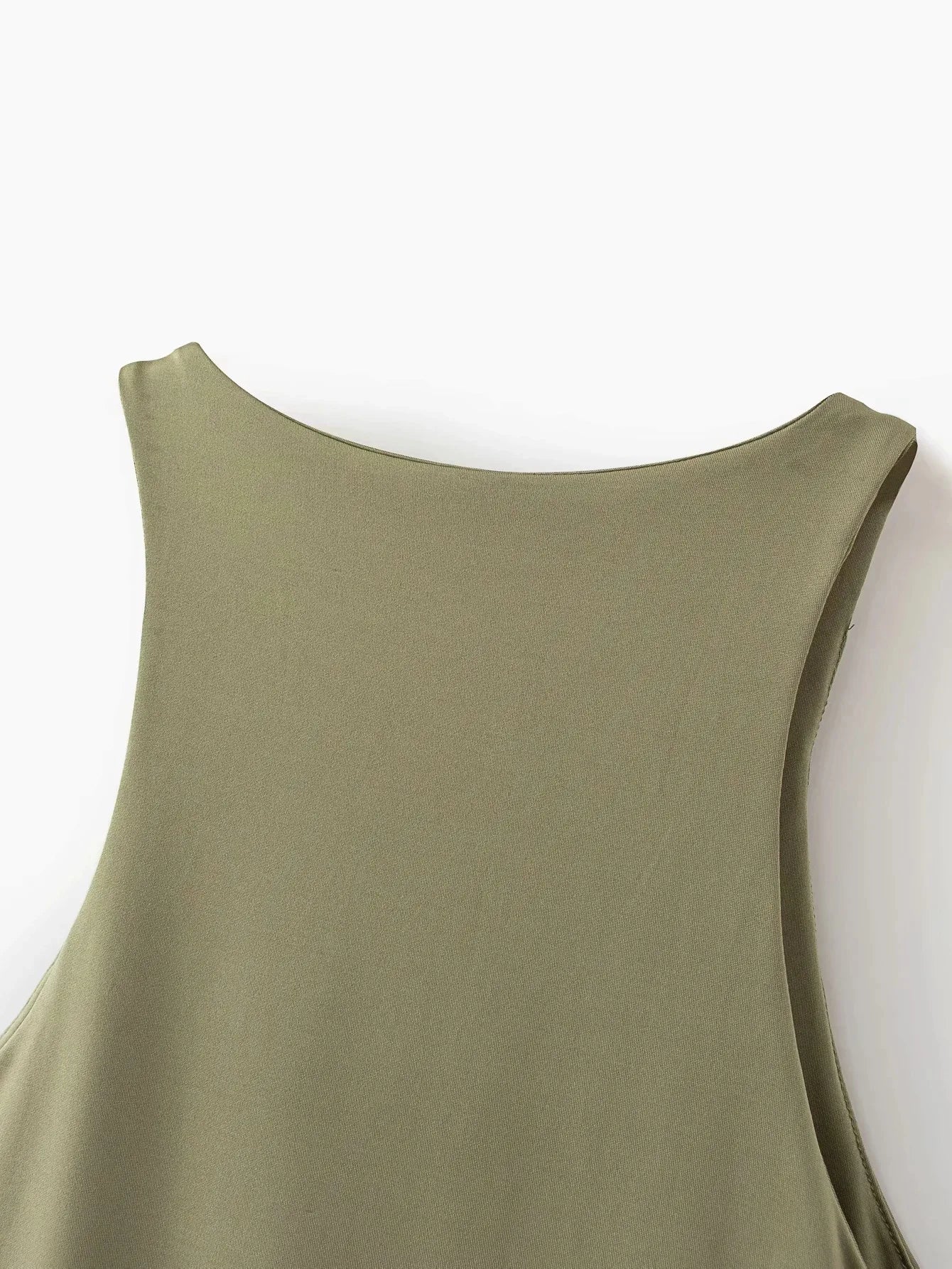 Back view of VaultHaus summer slim bodysuit in olive green, perfect for warm-weather styling