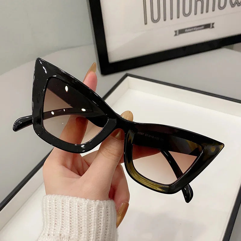 VaultHaus vintage cat eye sunglasses for women with black frame and tinted lenses held in hand