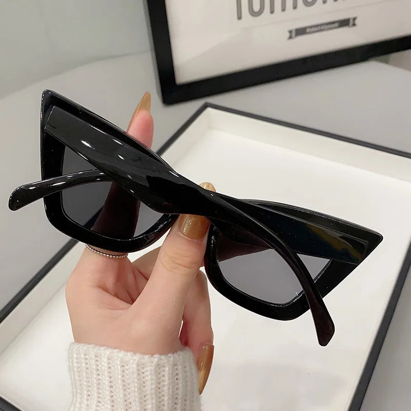 VaultHaus vintage cat eye sunglasses for women in glossy black frame held by hand