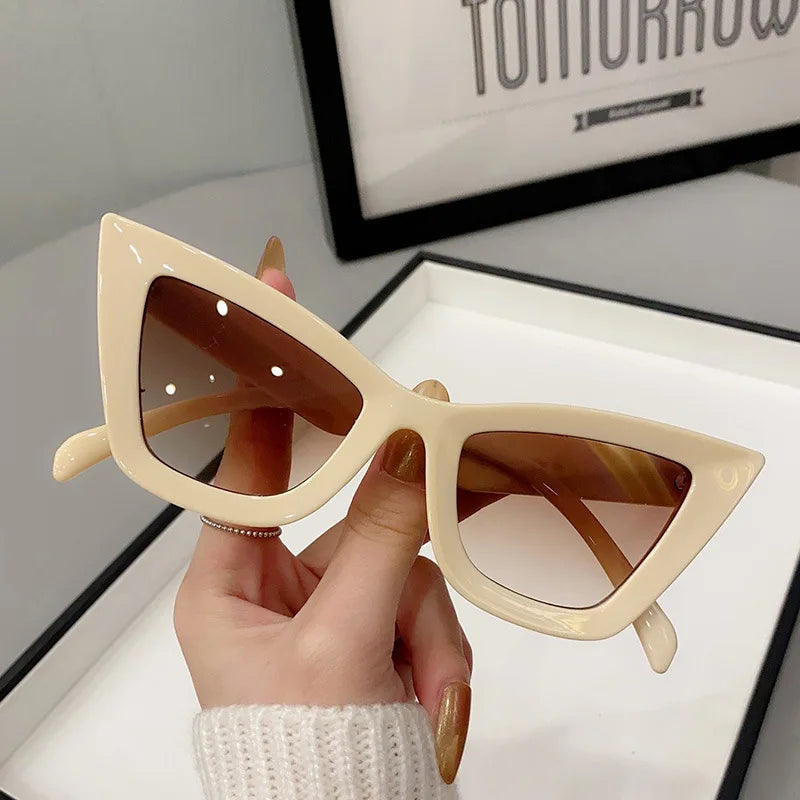 VaultHaus beige vintage cat eye sunglasses for women with brown tinted lenses held in hand