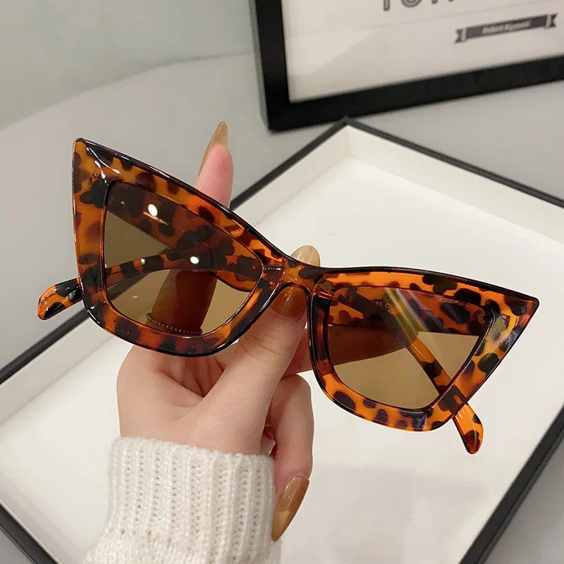 VaultHaus vintage cat eye sunglasses for women in tortoiseshell pattern with brown lenses held in hand