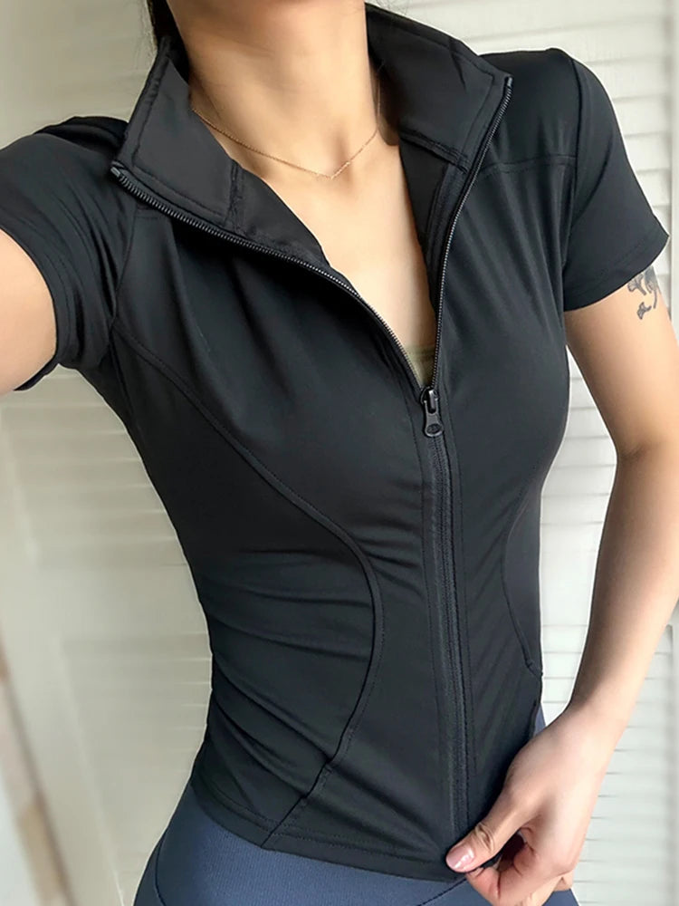 VaultHaus women's summer waist slimming yoga top with a zippered front for a sleek fit