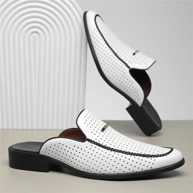 breathable patent leather mules in white with black sole and perforated design.