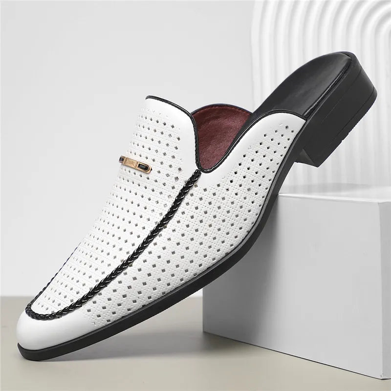 VaultHaus breathable patent leather mules in white with black trim and perforated design