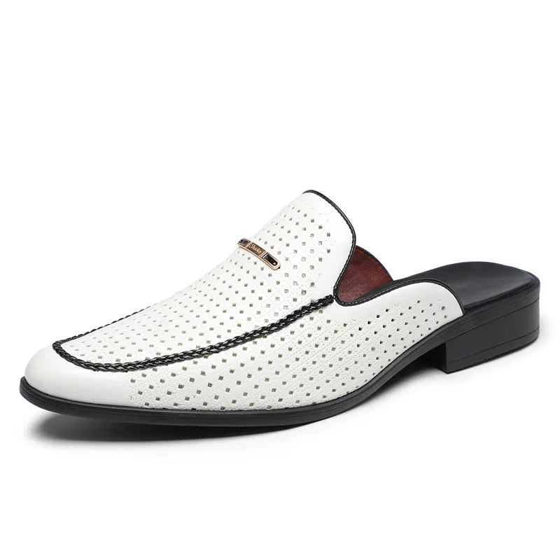 White breathable patent leather mules with black trim and low heel by VaultHaus