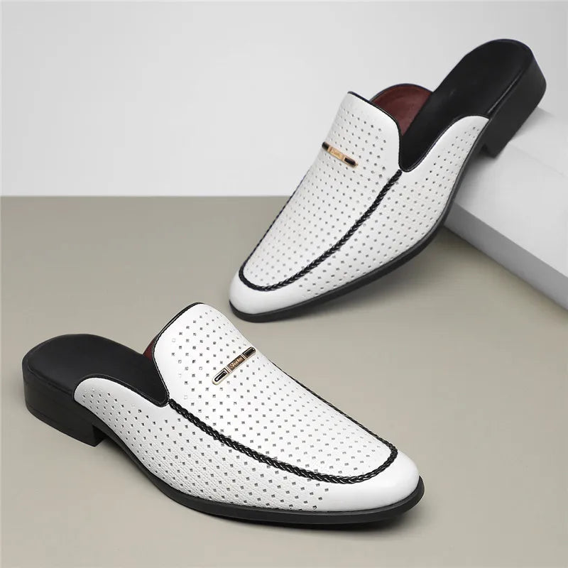 VaultHaus breathable patent leather mules in white with black sole and perforated design.