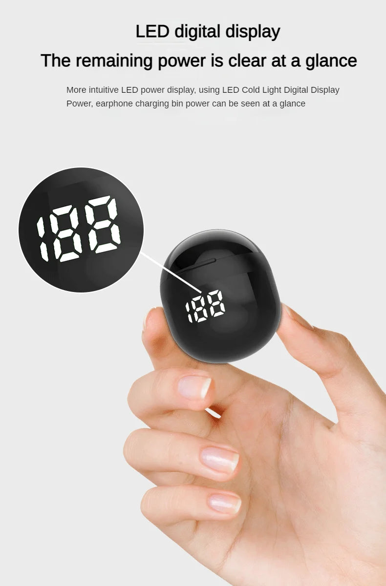 Wireless mini headphones with mic featuring an LED digital display for easy battery monitoring