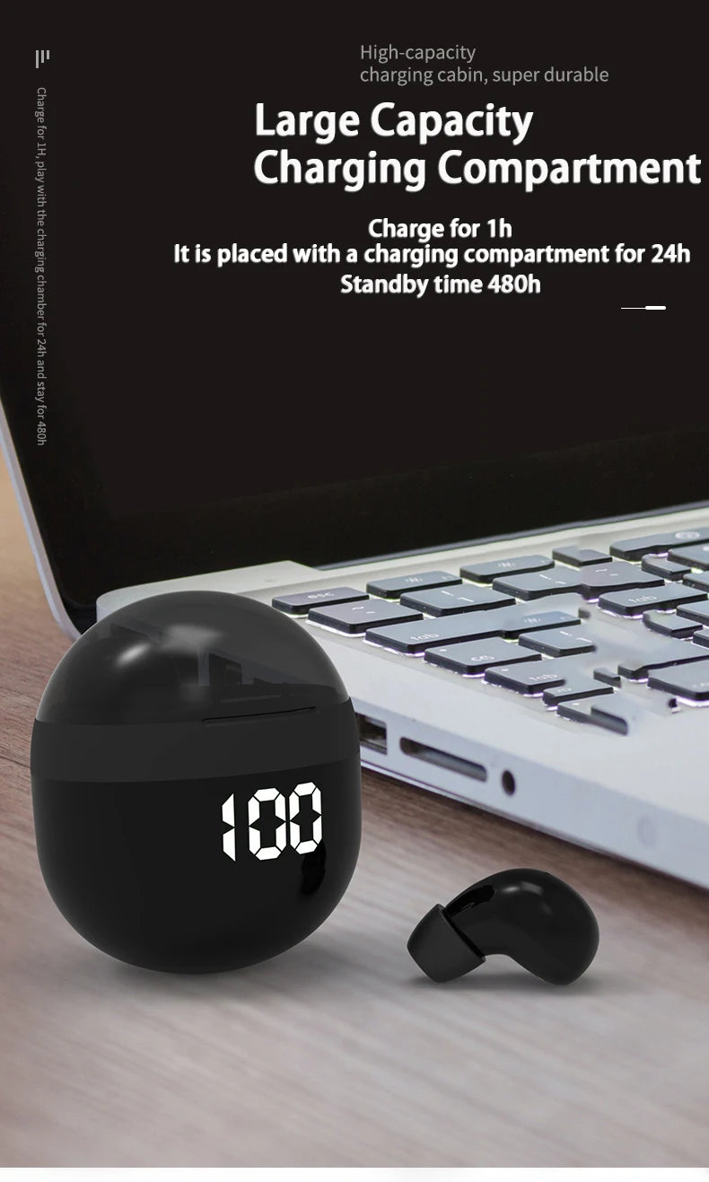 VaultHaus wireless mini headphones with mic in charging case featuring a digital display for battery level