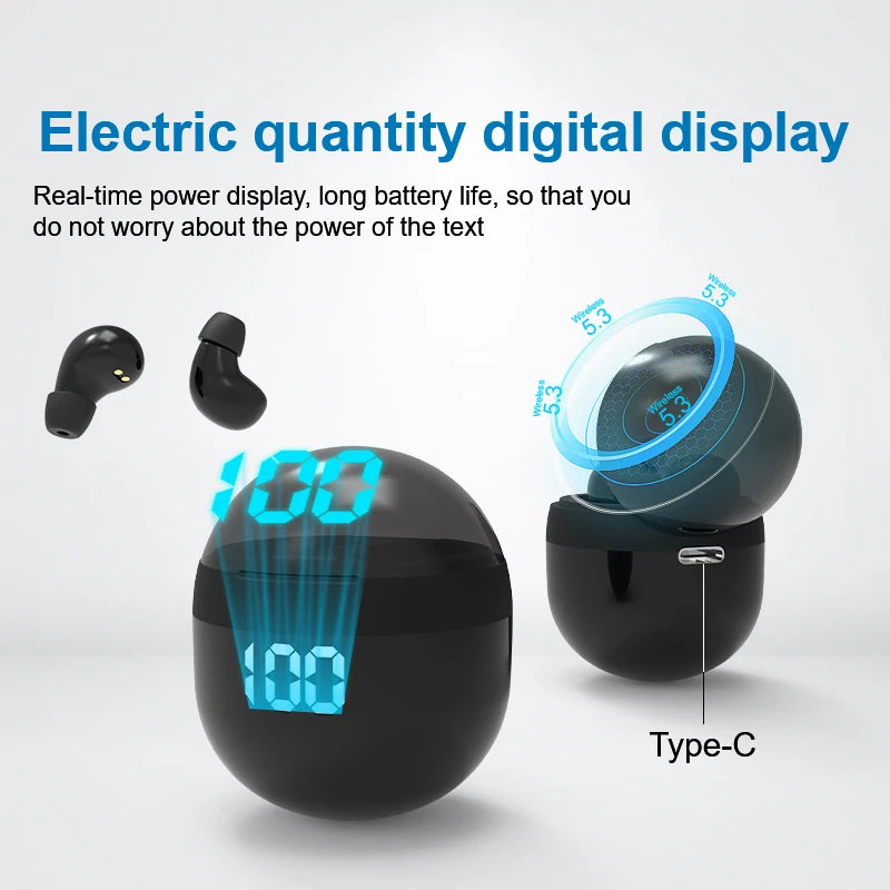 Wireless mini headphones with mic featuring a digital battery display and Type-C charging