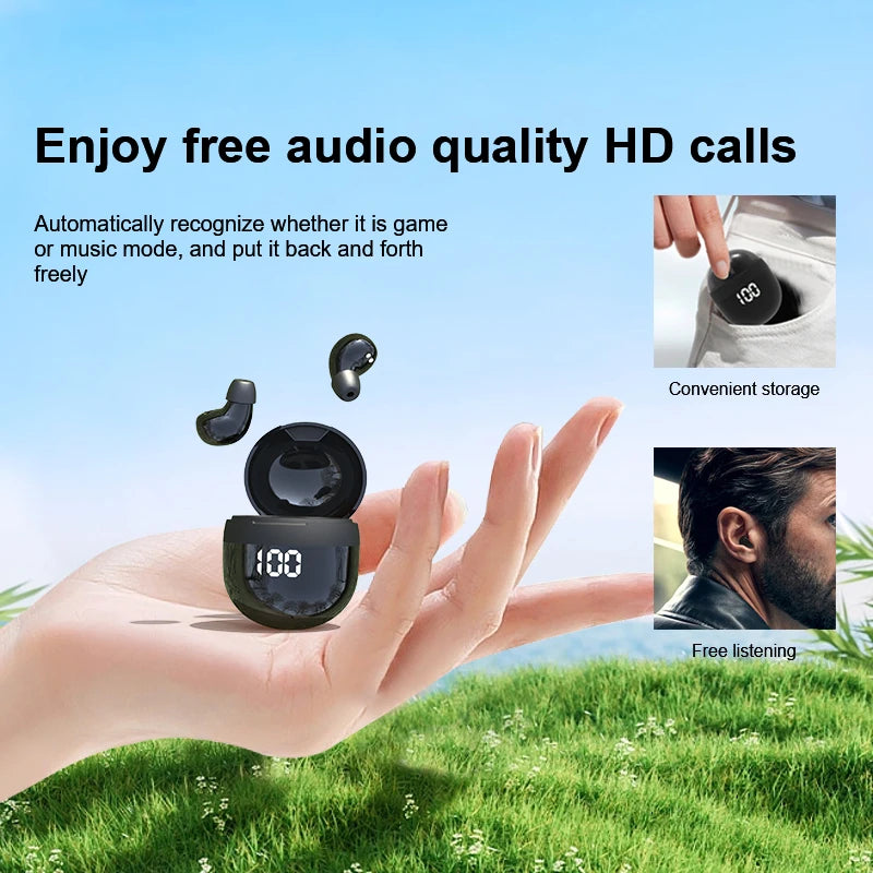 VaultHaus wireless mini headphones with mic in a hand, showcasing HD call quality and compact storage design