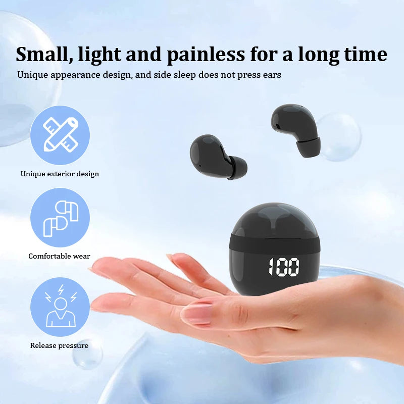 VaultHaus wireless mini headphones with mic nestled in hand, showcasing unique design and comfortable fit