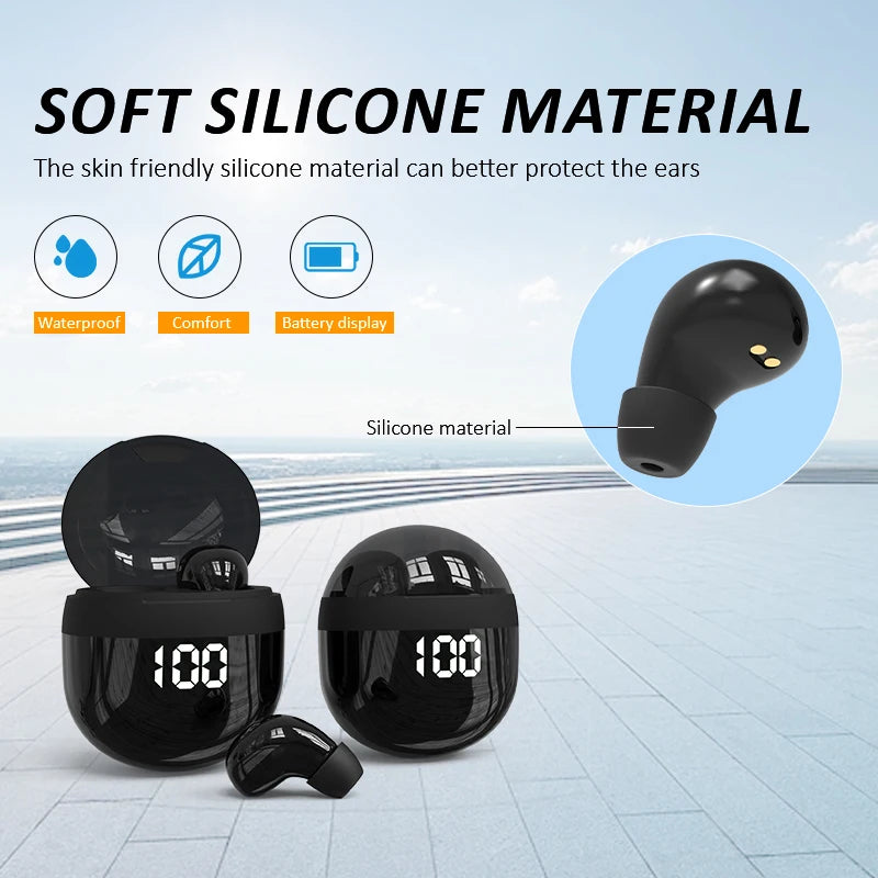 VaultHaus wireless mini headphones with mic in black with silicone material and battery display case