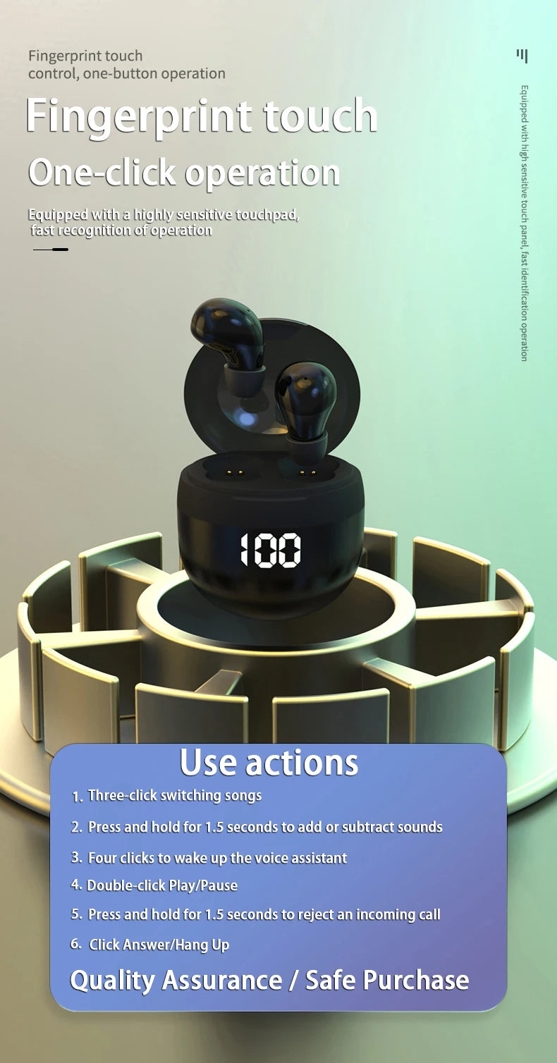 VaultHaus wireless mini headphones with mic showcasing fingerprint touch controls and LED battery indicator