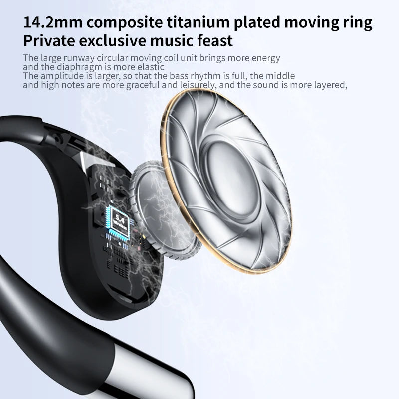 Detailed view of VaultHaus wireless translation earbuds with titanium plated moving ring technology