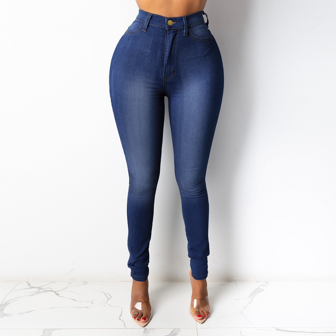 Stylish high-waisted denim pencil pants for women in dark blue with a flattering fit