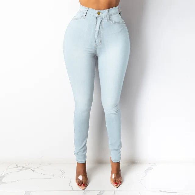 Light Blue Denim Pencil Pants for Women with High Waist Design and Slim Fit Style
