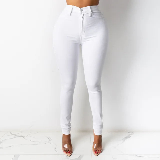 White denim pencil pants for women with a high waist and a fitted silhouette